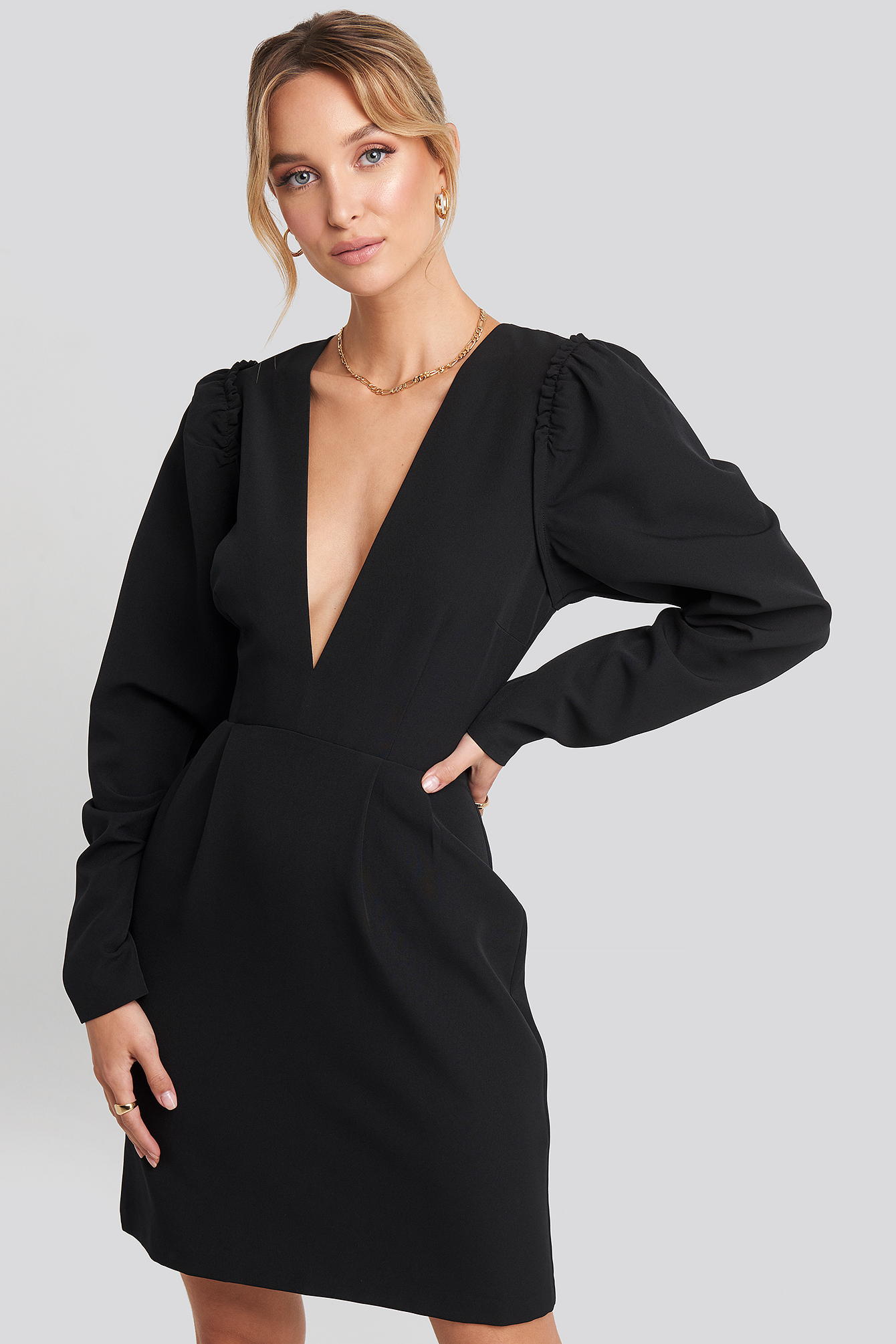 Deep V Neck Dress with Sleeves